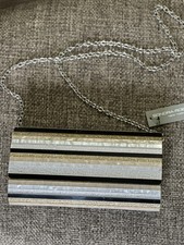 New Sondra Roberts White, Black, Gold Metallic Clamshell Clutch Handbag Purse