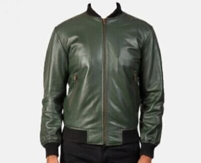 Green Lambskin Leather Bomber Jacket for Men - Stylish, Soft, and Classic Fit