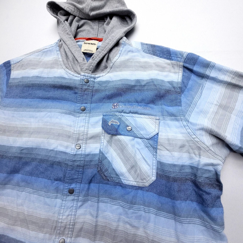 Simms Hoodie Mens 2XL Blue Striped Santee Flannel Snap Button Flannel Shacket - Image 3 of 4
