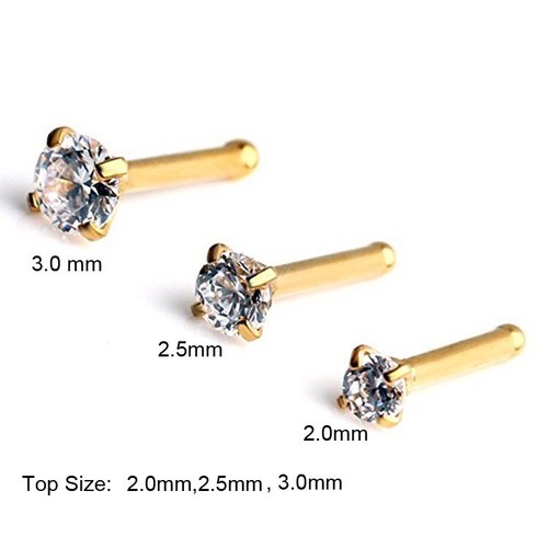 24k Gold plated Micro Nose Bone Pins Studs with CZ Head 3 pcs - Picture 3 of 5