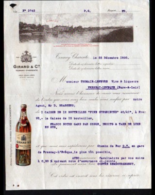 TONNAY-CHARENTE (17) DESTILLERIE, EAU-de-VIE ''GIRARD'' + Vignette Unternehmen 1920