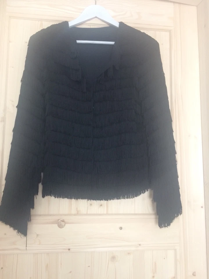 KATE MOSS TOPSHOP BLACK FRINGE JACKET 70s BOHO UK 14 EUR 42 GIACCA NERA FRANGE - Imagen 4 de 4