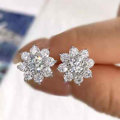 1.00 Carat Round Cut Flower Moissanite Stud Earrings 14k White God Plated