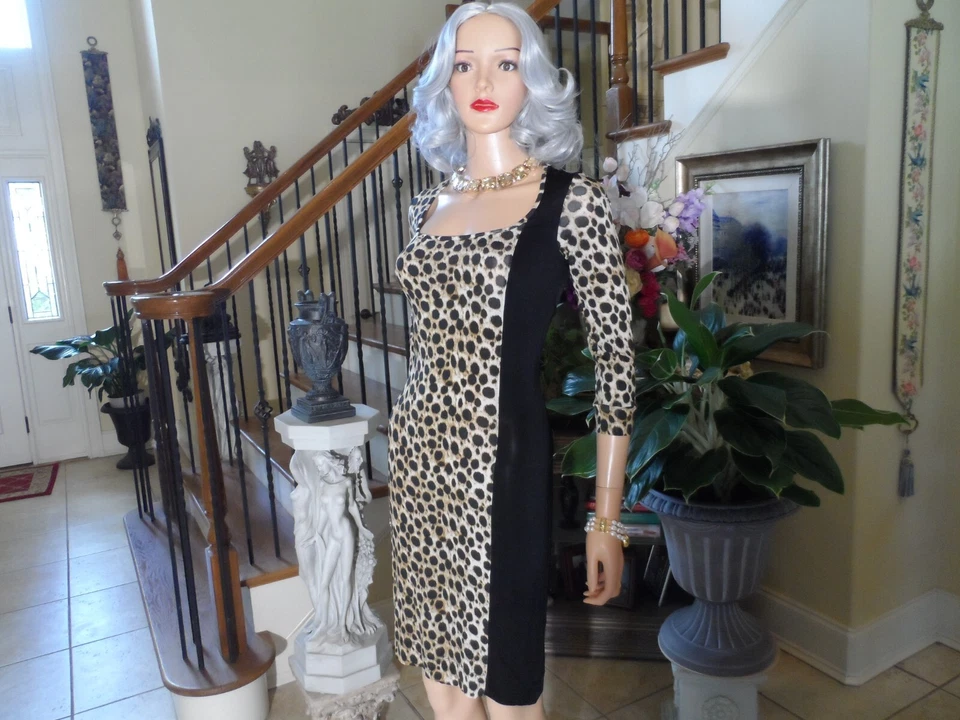 Vestido Vaina Just Cavalli Estampado Leopardo con Panel Lateral Negro Inserto Detalle Talla M Foto 4 de 4