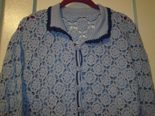 Women's Light Blue Crochet Button Front Cardigan, 3/4 Sleeve Layering Sweater - Picture 2 of 5