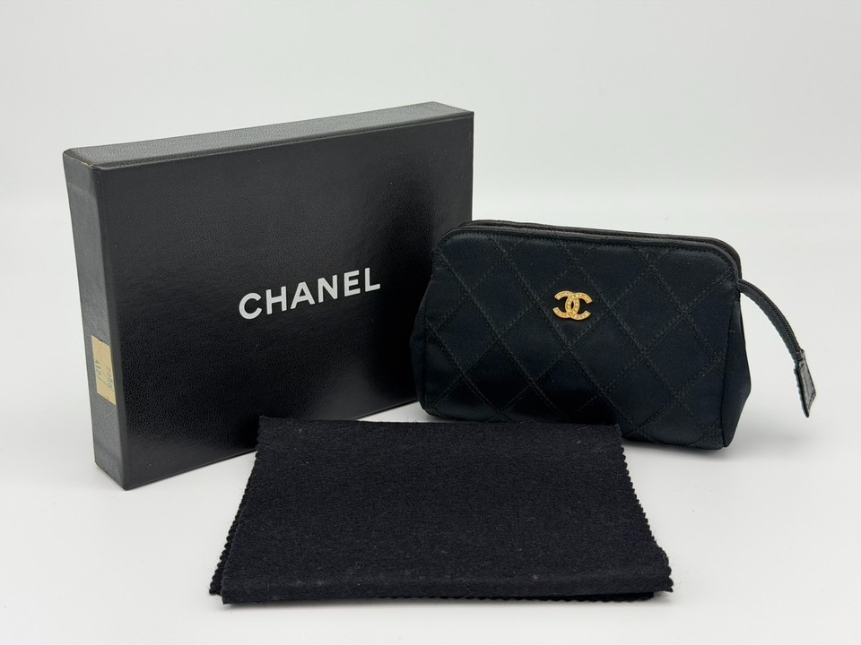 CHANEL Bicolore Quilted Satin Clutch Bag Pouch Black CC Logo Matelasse