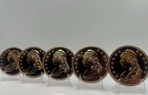 5 X 1oz AVDP Design is of a Capped Bust 999 Fine Copper Rounds