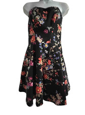 Express Womens Dress 4 Black Floral Strapless Sweetheart Mini Fit Flare Stretch