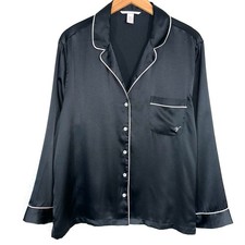 Victorias Secret Black Satin Long Sleeve Button Up Pajama Top Size Large