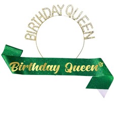 Birthday Queen Sash Rhinestone Tiara Set, 2Pc SET - Green Birthday Sash and...