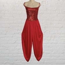 vintage 70s disco red sequin harem wide leg strapless jumpsuit S glam party