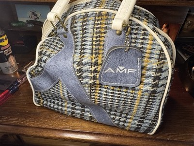 Vintage AMF Bowling Ball Bag with Metal Ball Rack Retro Bowling Bag Blue