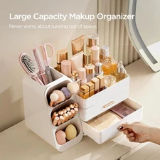 Makeup Organizer with Brush Holder for Vanity, Large Plastic Bathroom Countertop