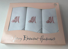 Vintage Box Set of 3 Monogrammed "M" Pink Embroidered Handkerchiefs Hankies NOS