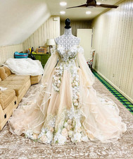 Vintage Champagne Wedding Dresses with 3D Flowers A Line Off the Shoulder Bridal