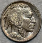 Uncirculated 1916-P Buffalo Nickel, Fully Lustrous w/ Light, Iridescent Toning.