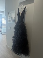 Fashion Nova NWT XS Black V-Neck Long Tulle Feather Layered Ruffle Gown