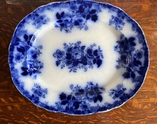 1870’s English Ironstone Large Flow Blue Meat Platter Turkey Crown & Shield Rose