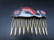 2" VINTAGE CLOISONNE ENAMEL BUTTERFLY Flowers SLIDE SIDE COMB Golden Metal