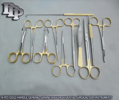 19 PCS GOLD HANDLE GENERAL CANINE SPAY PACK SURGICAL INSTRUMENTS SET KIT DS-1054