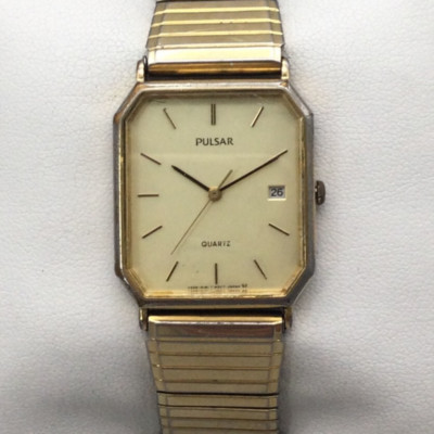 Pulsar Watch Unisex V322-5130 27mm Gold Tone Date Stretch Band New Battery