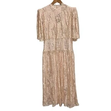 Vintage 1990s Rina di’Montella Silk Lace Overlay Beaded Dress Size 8 Nude Pink