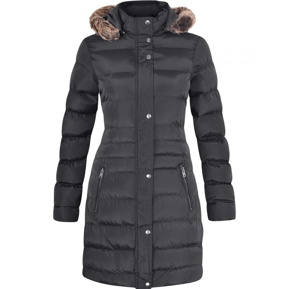 Womens Long Fur Trimmed Hooded Padded Puffer Parka Ladies Winter Jacket ...