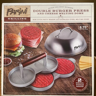 Parini Double Non-Stick Burger Press & Cheese Melting Dome 8.75'' NIB.    A1 