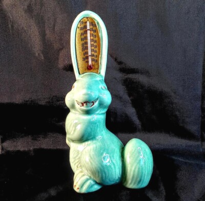 Vintage THADCO Bunny Rabbit Mint Green Porcelain Ceramic Thermometer Figurine
