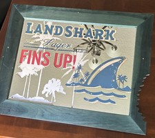 Land Shark Lager Beer Bar Wall Mirror Sign Wood Frame With Shark Bite Fins Up!