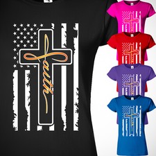 American Vertical Flag Jesus Cross Womens T Shirt Christian Bible Faith Gift Tee