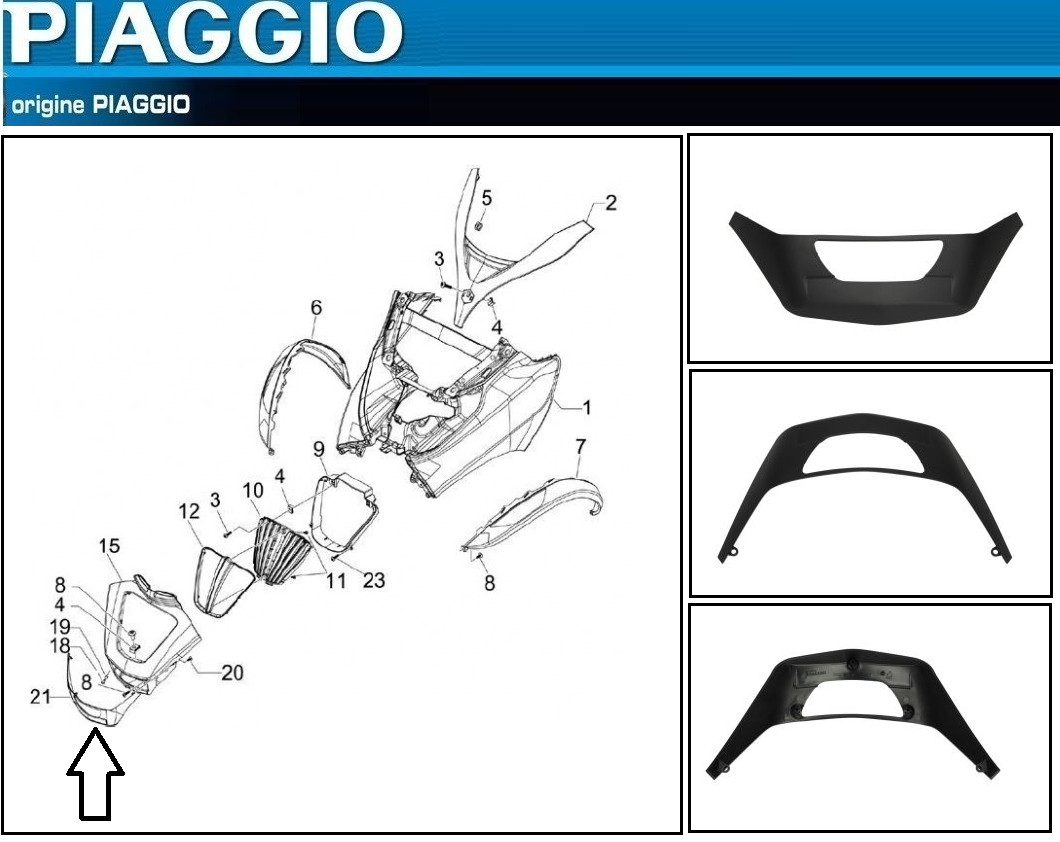 Protection avant d'origine Piaggio MP3 250 300 400 500 en ABS noir 655811000C