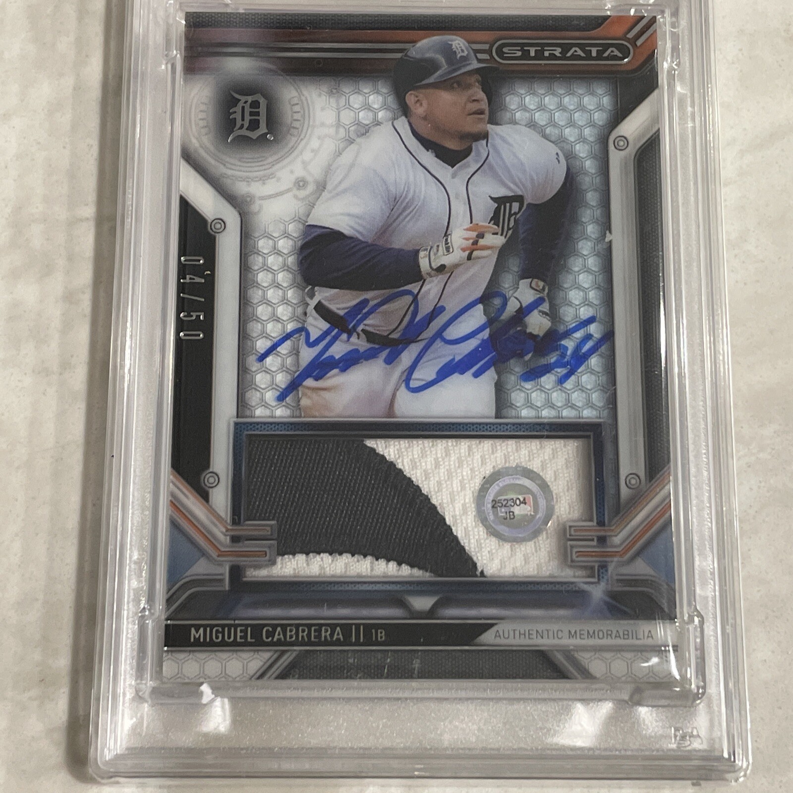 2016 topps strata Miguel Cabrera patch auto PSA 10 game worn 2015 MLB AUTH 2 hit view 3