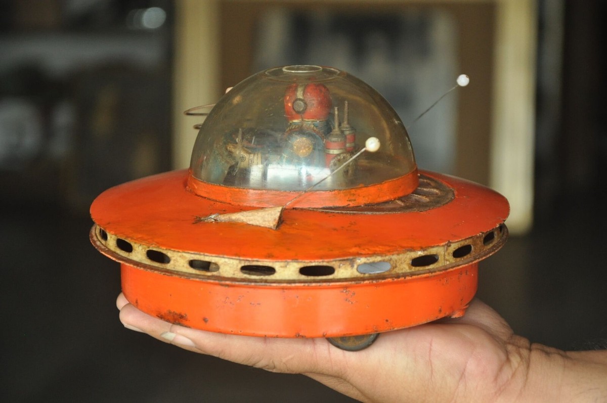 Vintage Orange Round/Disc Shape Space Ship Battery Litho Tin Toy
