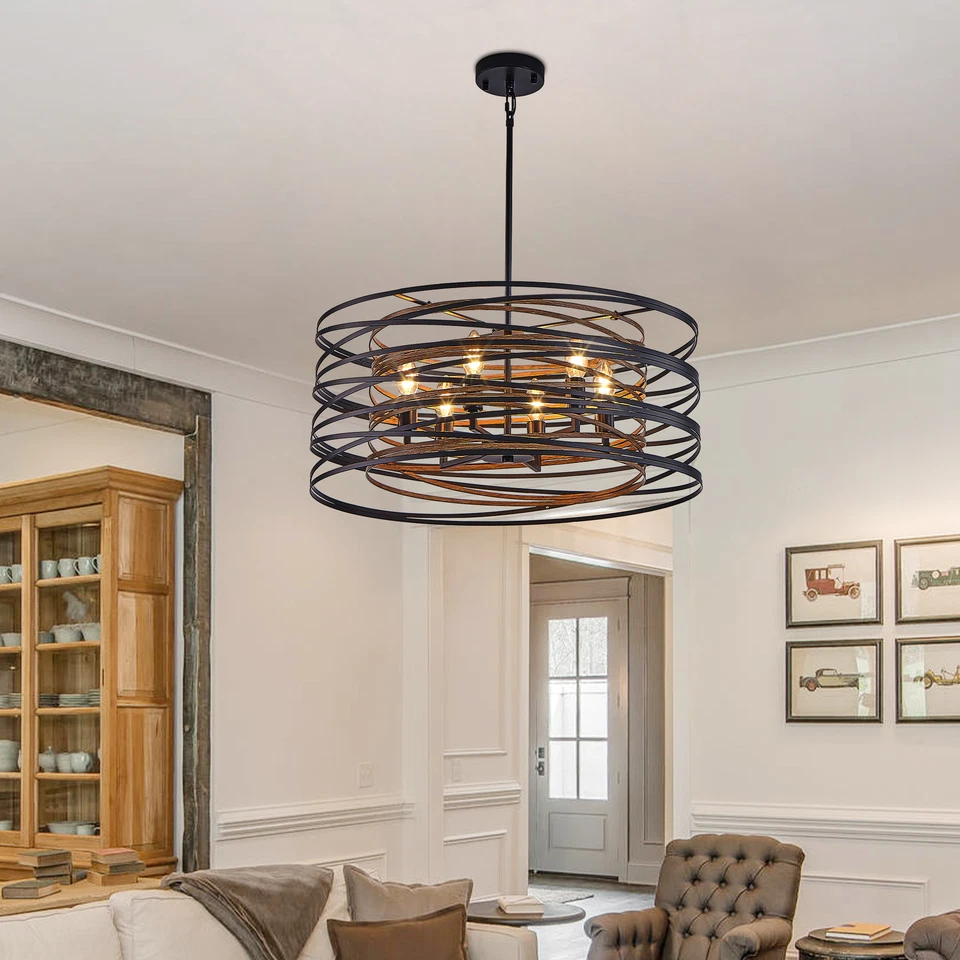 24" Farmhouse Chandelier Drum Hanging Light Rustic Wood Ceiling Pendant Fixture - Image 2 of 4