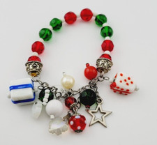 Christmas Stretch Bracelet Red Green Beads Glass Charms Silver Tone 22 XM