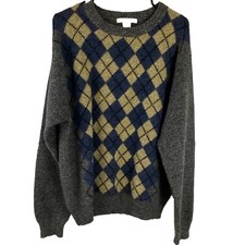 Geoffrey Beene Mens Argyle Sweater Lambs Wool Gray Size X Large