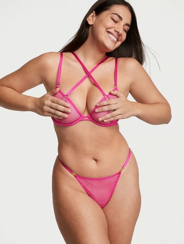 Victorias Secret Pink Fishnet V-String Thong Panties Size S Adj Rose Charm NWT - Picture 13 of 13