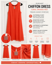 MSK Women’s Size 8 Coral Orange Chiffon Shift Dress Rhinestone Cocktail Party
