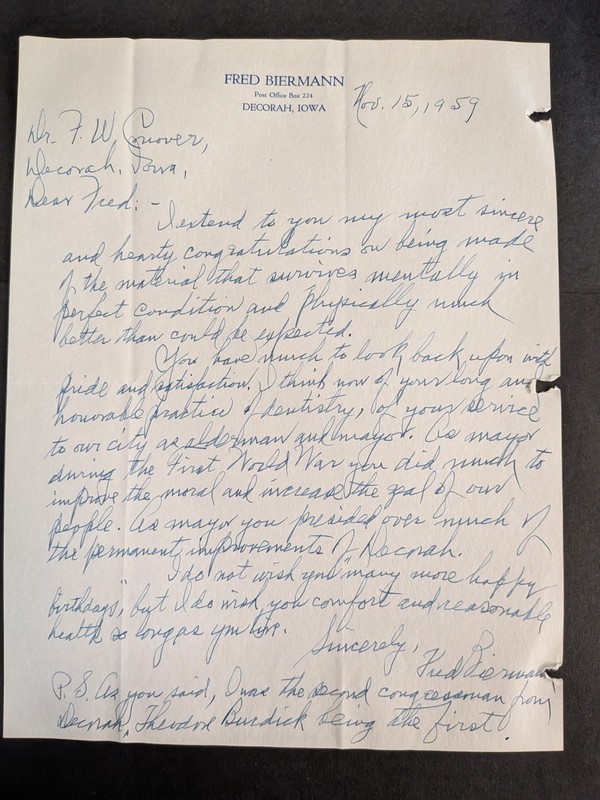 Fred Biermann (d. 1968) Signed Letter - Iowa Representative - Congress - WWI Vet