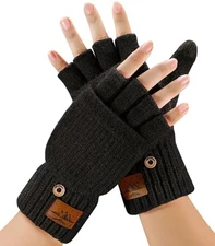 Winter Fingerless Gloves for Men Women - Mittens Finger Wool Gloves with Black