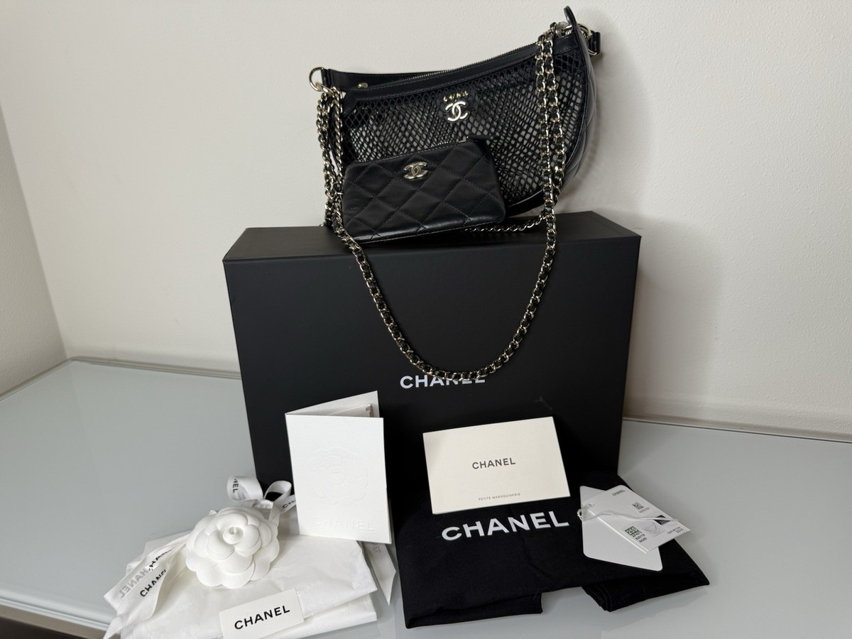 CHANEL 25S Mesh Net COCO Gold CC BLACK Purse Clutch with CHAIN Bag