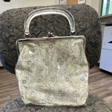 Ivory Satin Evening Bag w/ Clear Vinyl Handle Cover, Silver Frame Clasp