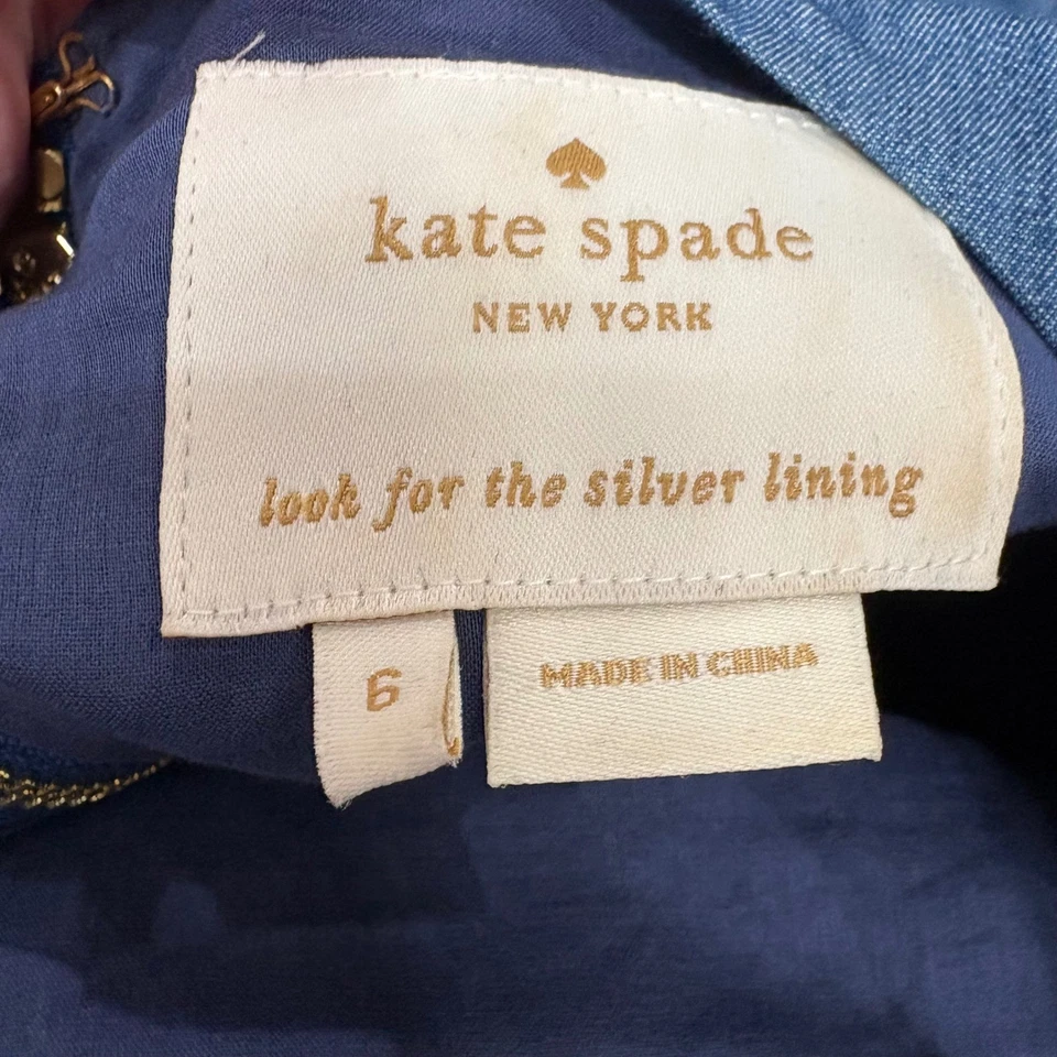 Vestido Kate Spade New York Denim Diamante Acolchado Manga Corta Talla 6 Foto 4 de 4