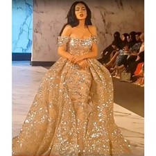 Gold Sequin Off Shoulder Ball Prom Dresses Overskirt Formal Evening Party Gowns