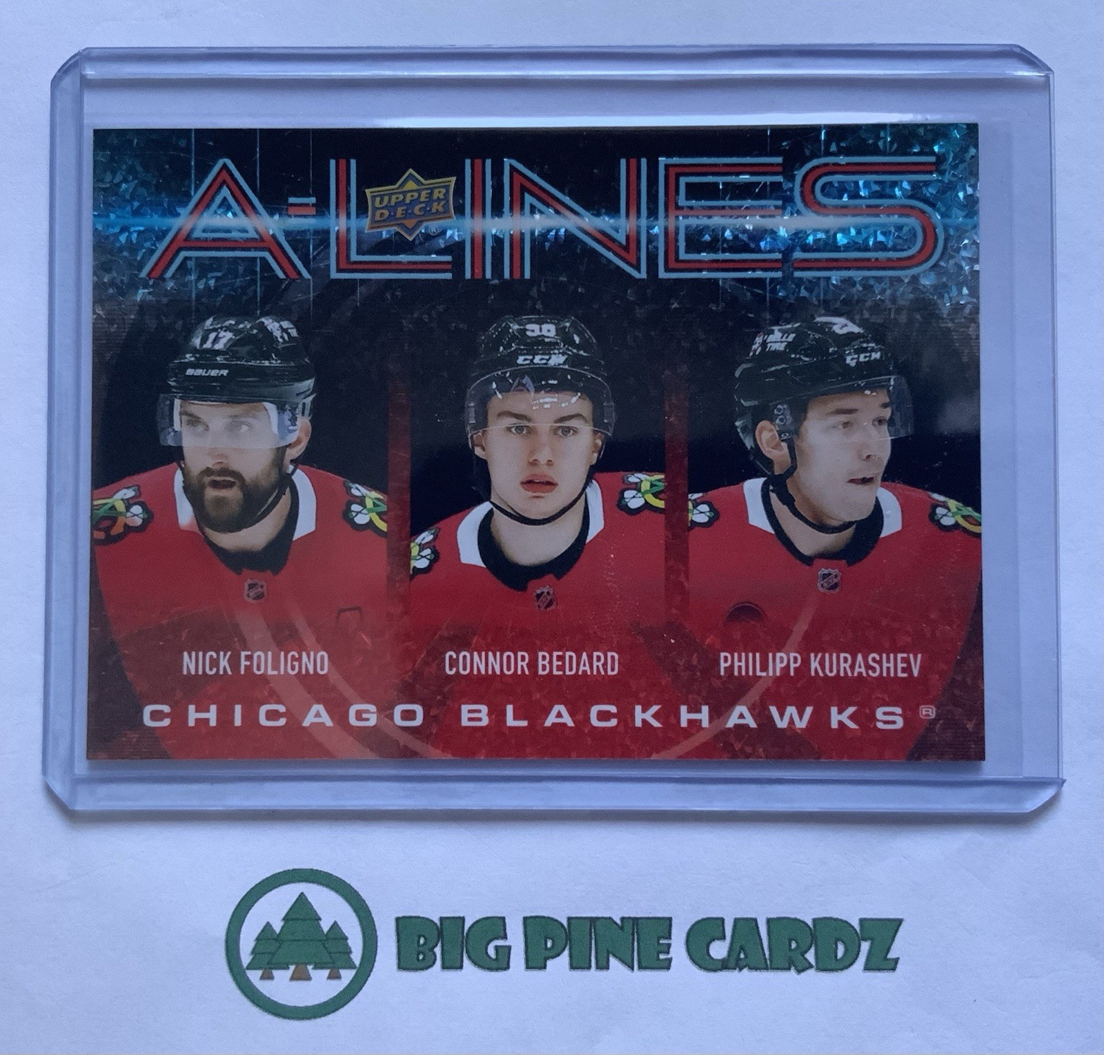 2024-25 Upper Deck A-Lines -Bedard, Foligno, Kurashev #AL-7- Red /99 Blackhawks