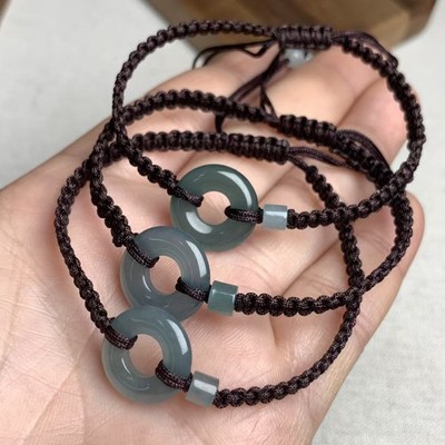 1pcs Real Natural Jade Jadeite Lucky Circle Peace Black Braided Bracelet Adjust