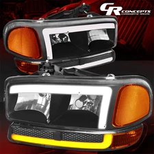 PAIR BLACK AMBER L-LED DRL BAR HEADLIGHT LAMPS FOR 1999-2007 GMC SIERRA YUKON