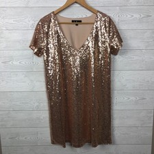 Lulu's Women's Medium Light Up the Night Champagne Sequin Shift Dress Short Slv