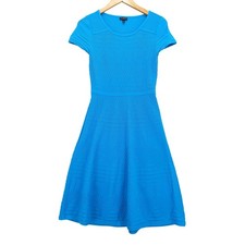 Talbots Knit Fit and Flare Dress Women M Blue Textured Geometric Short Sleeve
